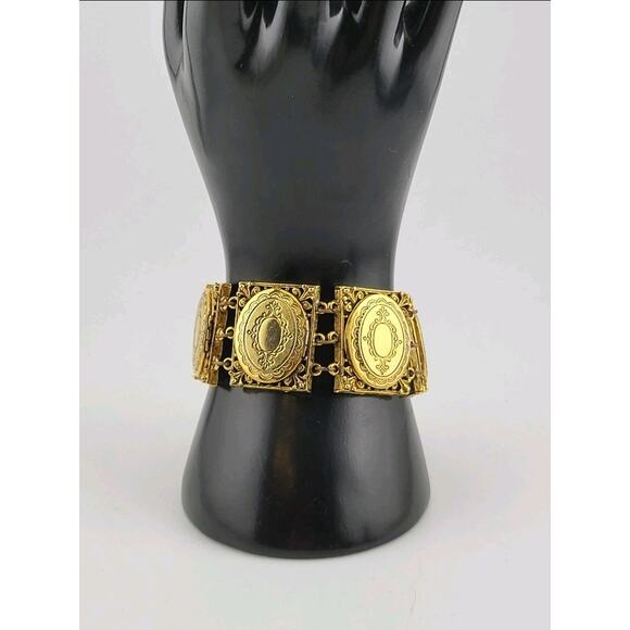 Vintage ART Signed Gold Tone Photo Locket Panel Bracelet Victorian Revival - Picture 1 of 10